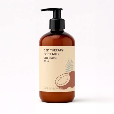 Loción corporal con CBD de Greenery 420, 250ml, con coco, karité, aloe vera y aceites naturales, hidratante y calmante para la piel.