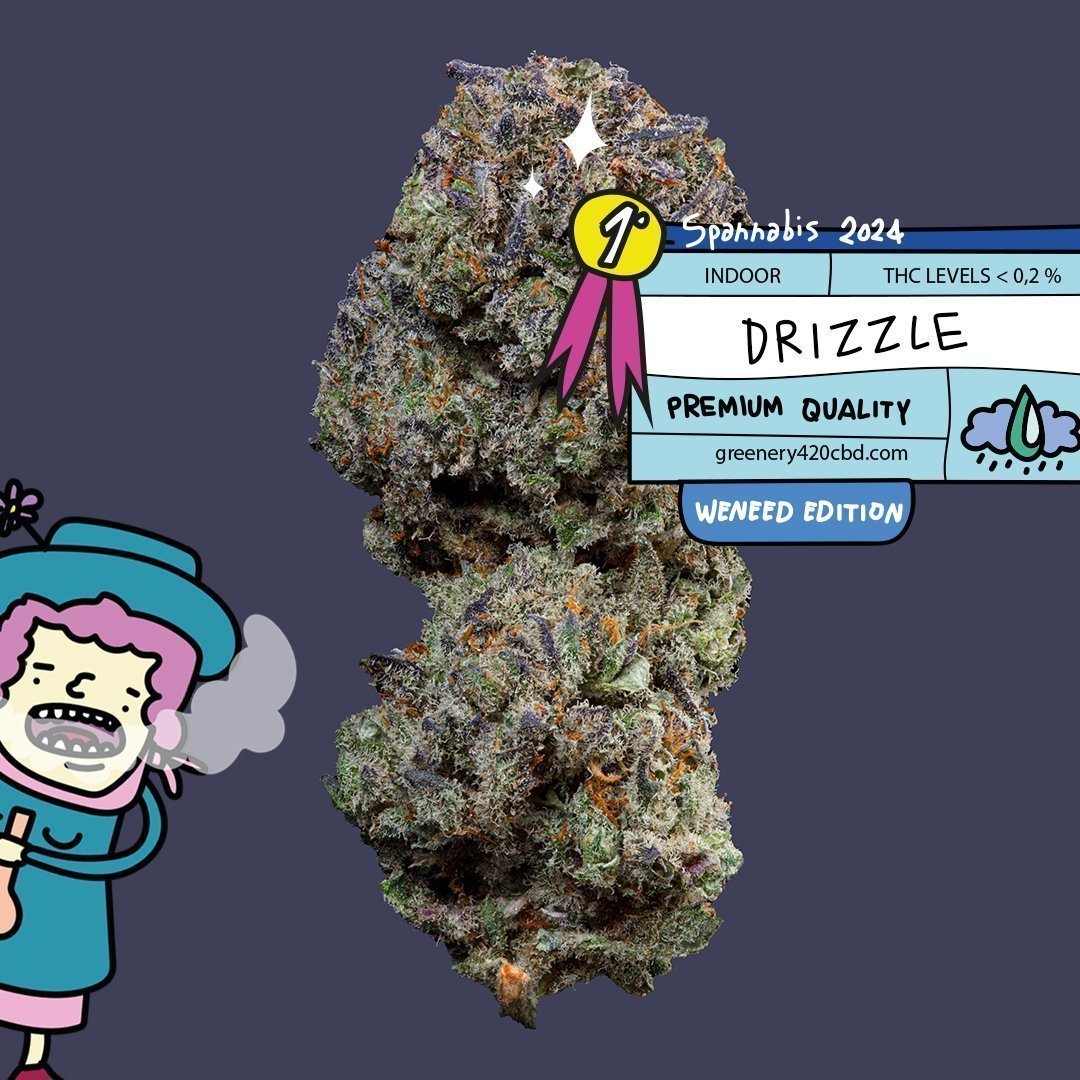 Flor de CBD vencedora de ouro na Spannabis 2024 com um desenho ilustrando a colaboração única entre a WeNeed, produtores premium de cannabis medicinal e Greenery 420