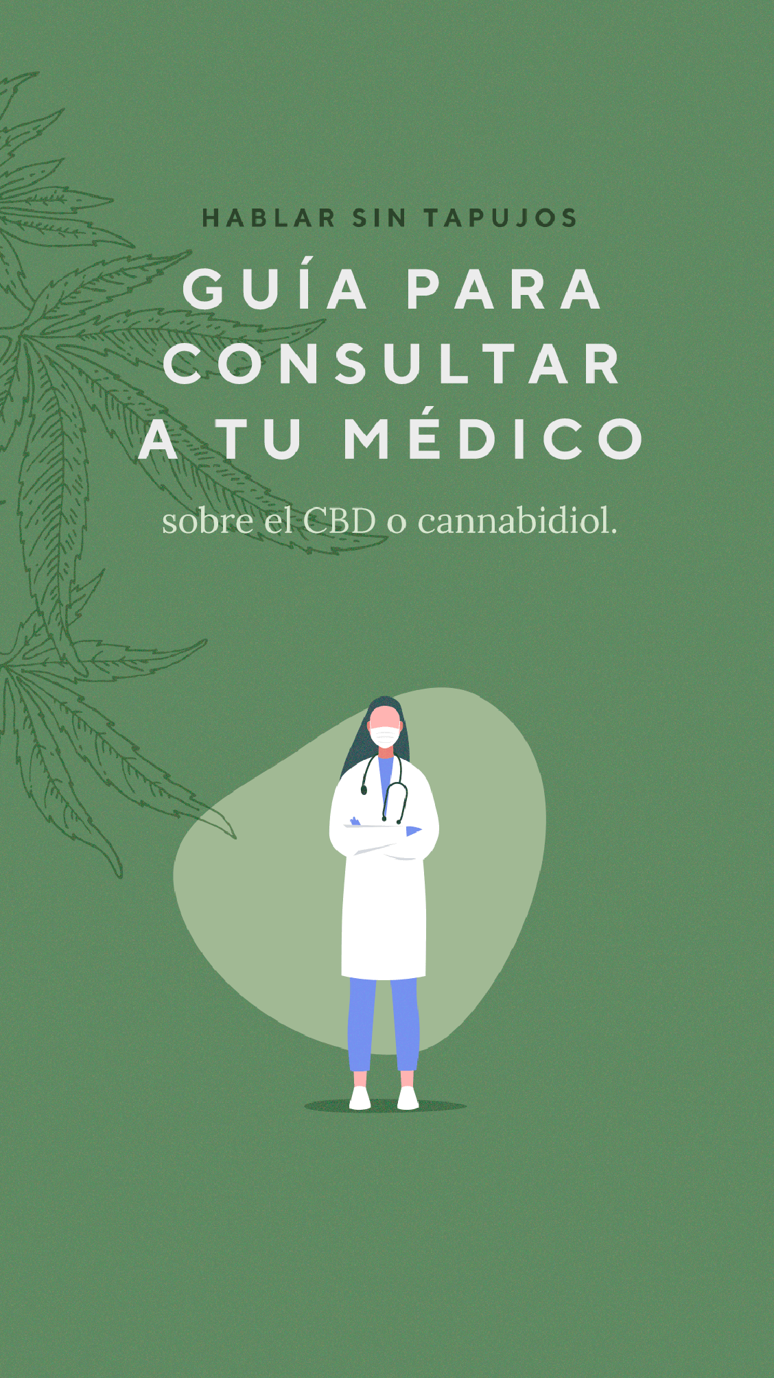 Ilustración de médica con bata y cubrebocas sobre fondo verde con texto informativo sobre CBD.