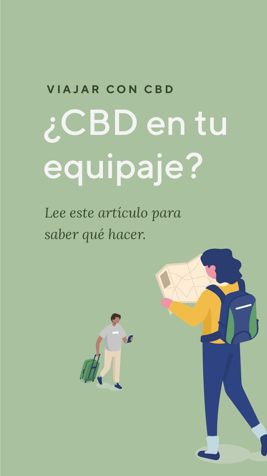 Ilustración de dos viajeros con maletas y mapa sobre fondo verde con texto sobre viajar con CBD.