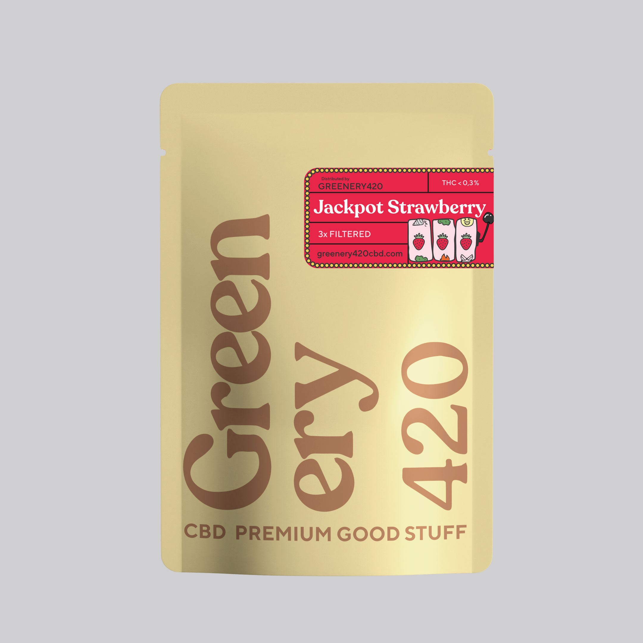 imagem sobre fundo cinza de CBD Hash Jackpot Strawberry 3x filtrado por Greenery420